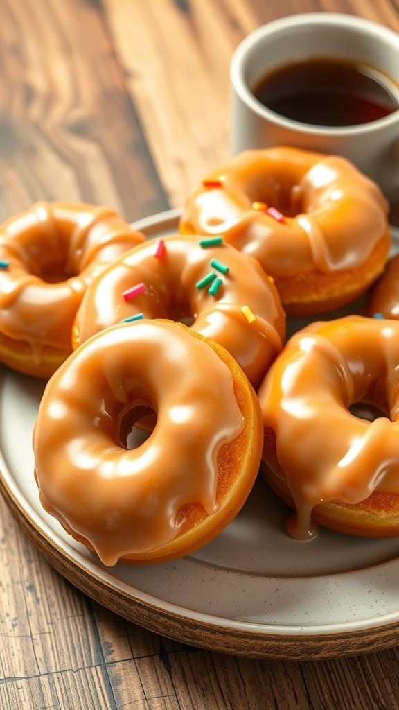 A plate of golden glazed donuts with sprinkles and a cup of coffee on a wooden table.